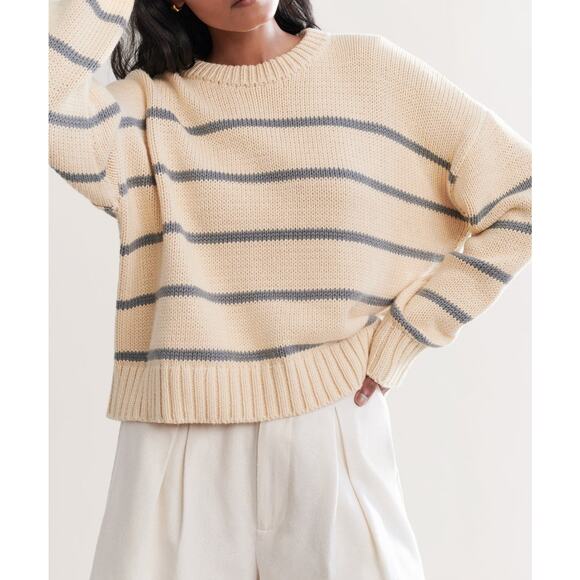 Jenni Kayne Chloe Crewneck Sweater-Peruvian Cotton XS - Cream/Dusty Blue Stripe - Picture 2 of 4